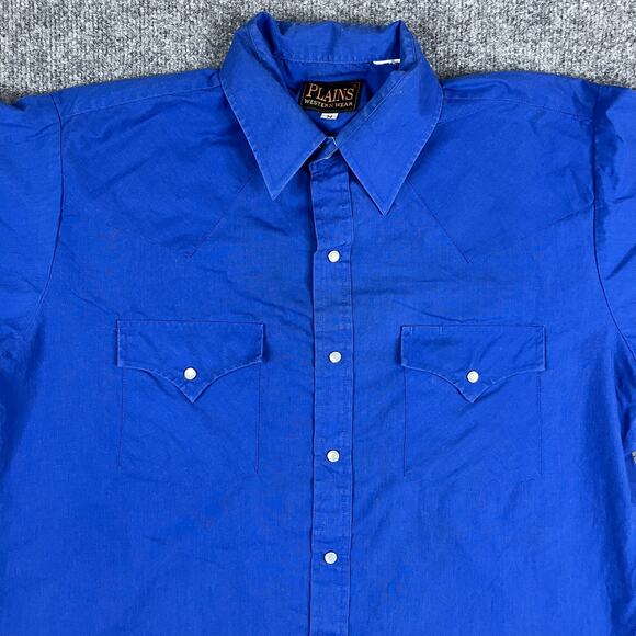 Plains Western Wear Shirt Mens Medium Blue Solid Pearl Snap Short Sleeve - Picture 1 of 7